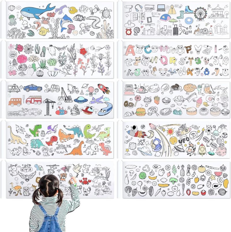 fuceury 10 Pieces Children Drawing Roll, 12×39 inches Coloring Paper Roll, DIY Painting Color Filling Paper for Kids - Image 1